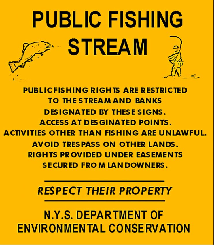 New York State public fishing rights sign, designating where anglers may legally fish on Catskill trout rivers.